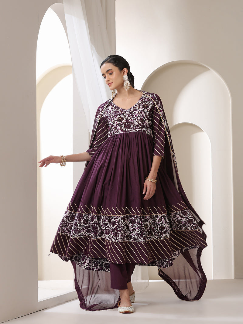 Khushal K Floral Printed Empire V Neck Gotta Patti Anarkali Kurta set
