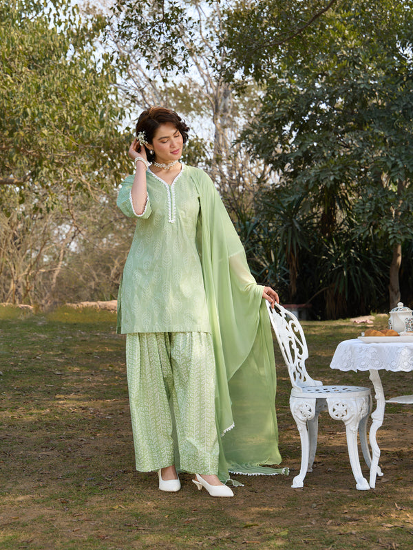 Khushal K Women Printed Regular Pure Cotton green Kurta & Farsi Salwar With Dupatta
