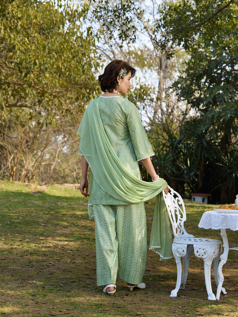 Khushal K Women Printed Regular Pure Cotton green Kurta & Farsi Salwar With Dupatta