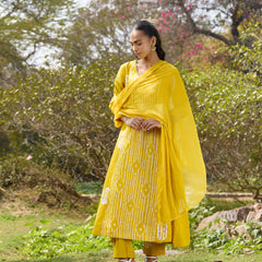 Khushal K Women Printed Regular Pure Cotton yellow Kurta & Palazzo With Dupatta