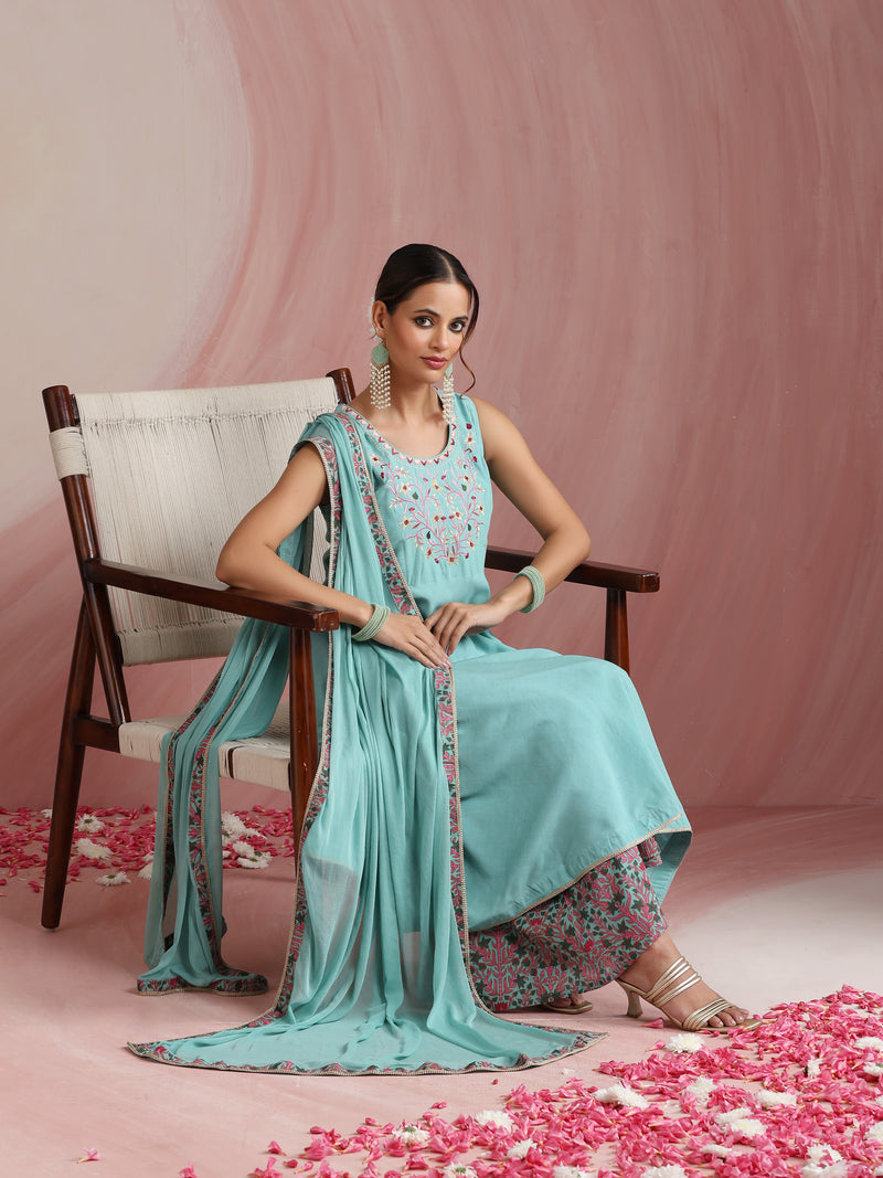Turquoise Blue & Pink Embroidered Kurta with Palazzos & Dupatta Set