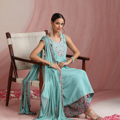 Turquoise Blue & Pink Embroidered Kurta with Palazzos & Dupatta Set