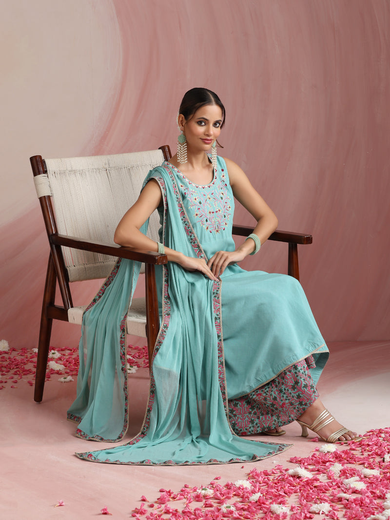 Turquoise Blue & Pink Embroidered Kurta with Palazzos & Dupatta Set