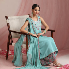Turquoise Blue & Pink Embroidered Kurta with Palazzos & Dupatta Set
