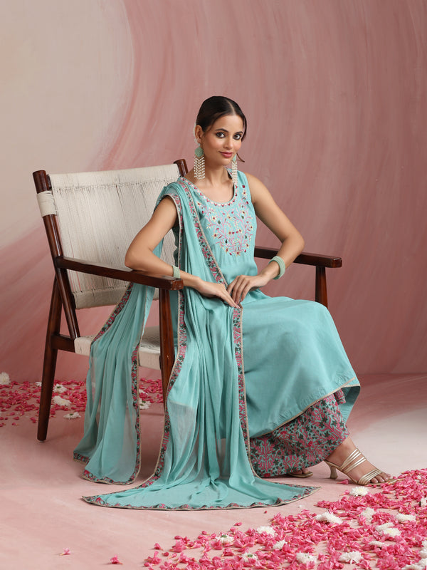 Turquoise Blue & Pink Embroidered Kurta with Palazzos & Dupatta Set