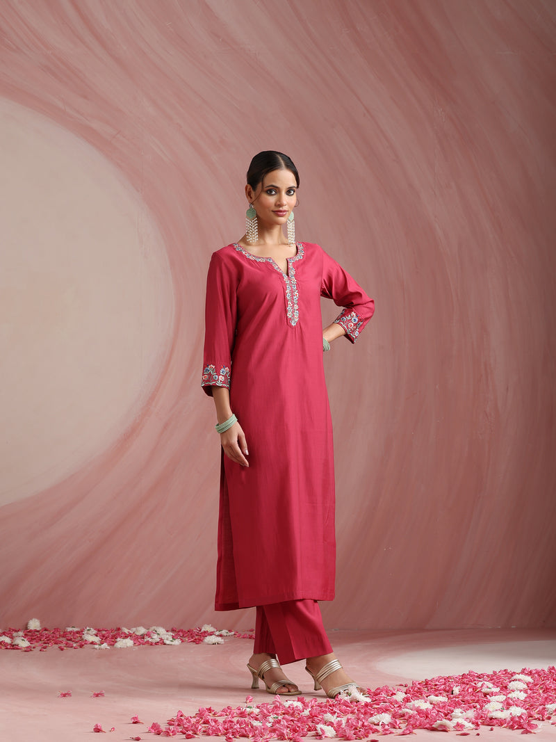Khushal K Women Pure Silk pink Embroidered Kurta & Palazzo With Dupatta