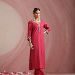 Khushal K Women Pure Silk pink Embroidered Kurta & Palazzo With Dupatta