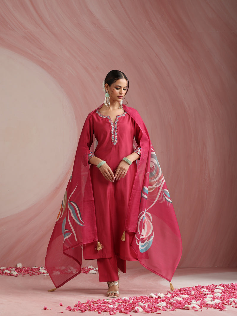Khushal K Women Pure Silk pink Embroidered Kurta & Palazzo With Dupatta
