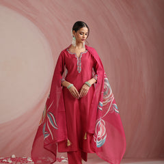 Khushal K Women Pure Silk pink Embroidered Kurta & Palazzo With Dupatta