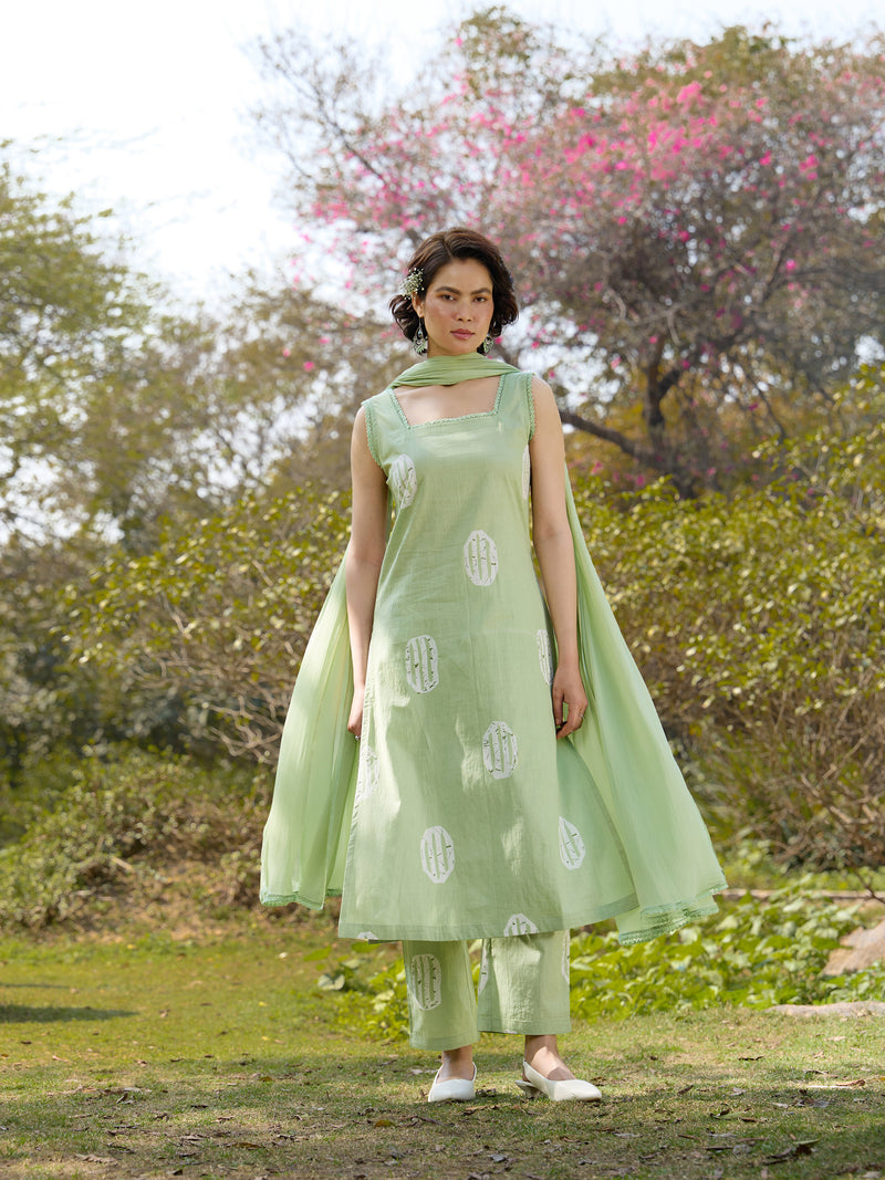 Khushal K Women Printed Regular Pure Cotton green Kurta & Palazzo With Dupatta