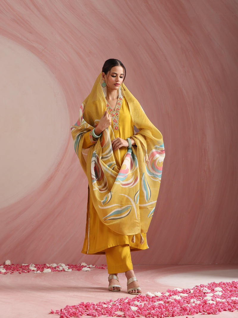 Khushal K Women Pure Silk yellow Embroidered Kurta & Palazzo With Dupatta