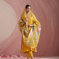 Khushal K Women Pure Silk yellow Embroidered Kurta & Palazzo With Dupatta
