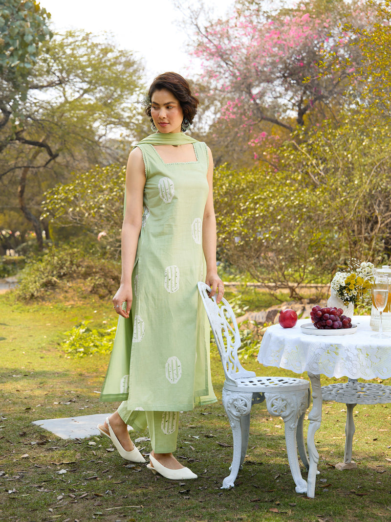 Khushal K Women Printed Regular Pure Cotton green Kurta & Palazzo With Dupatta