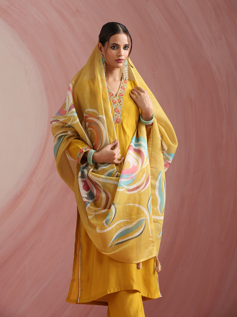 Khushal K Women Pure Silk yellow Embroidered Kurta & Palazzo With Dupatta