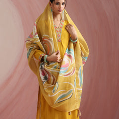Khushal K Women Pure Silk yellow Embroidered Kurta & Palazzo With Dupatta