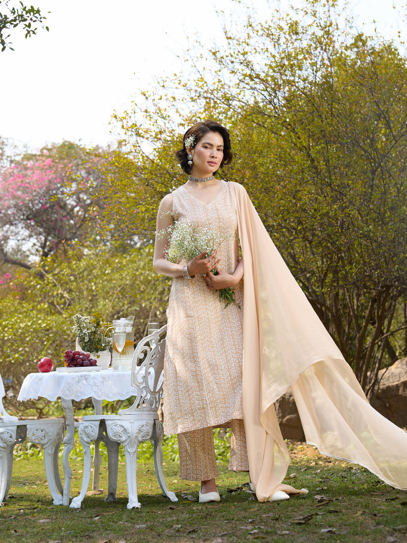 Khushal K Women Printed Regular Pure Cotton brown Kurta & Palazzo With Dupatta