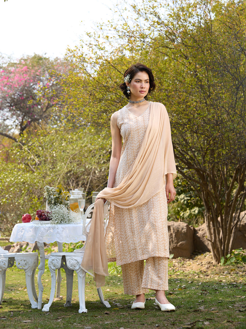 Khushal K Women Printed Regular Pure Cotton brown Kurta & Palazzo With Dupatta