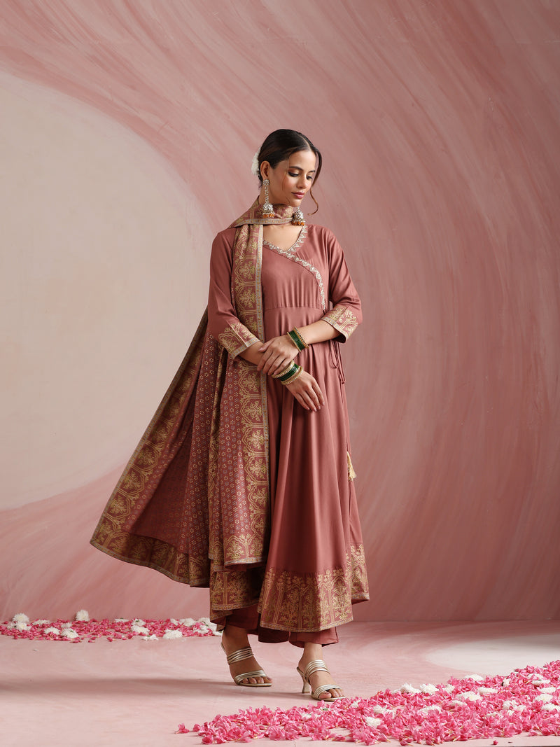 Women Ethnic Motifs Angrakha Thread Work Kurta with Trousers & With Dupatta