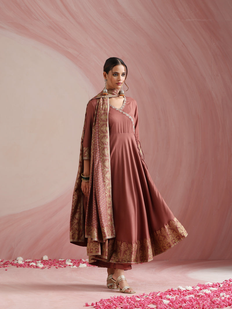 Women Ethnic Motifs Angrakha Thread Work Kurta with Trousers & With Dupatta