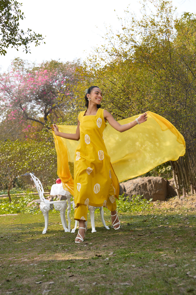 Khushal K Women Printed Regular Pure Cotton yellow Kurta & Palazzo With Dupatta