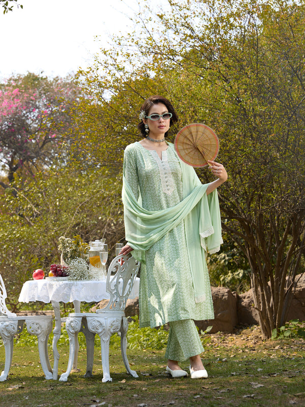 Khushal K Women Printed Regular Pure Cotton green Kurta & Palazzo With Dupatta