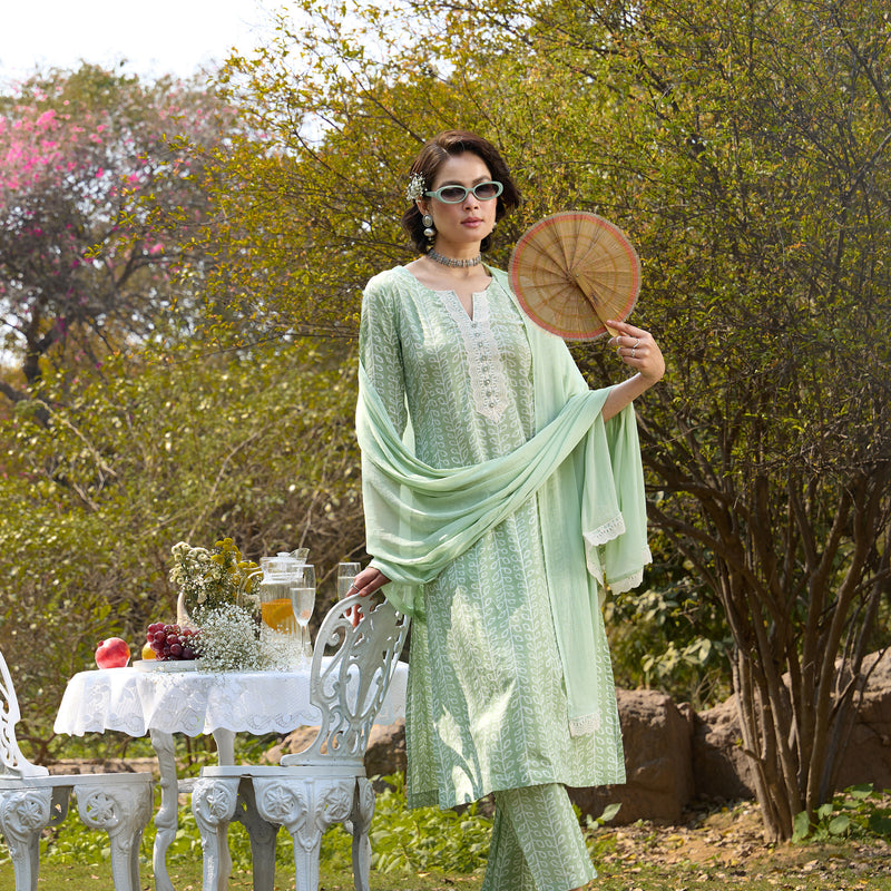 Women Printed Regular Pure Cotton Green Kurta & Palazzo with Dupatta - Khushal K - Image 2