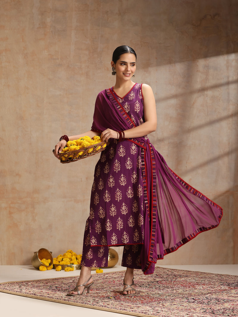 Women Ethnic Motifs Printed Regular Pure Cotton Kurta with Trousers & Dupatta