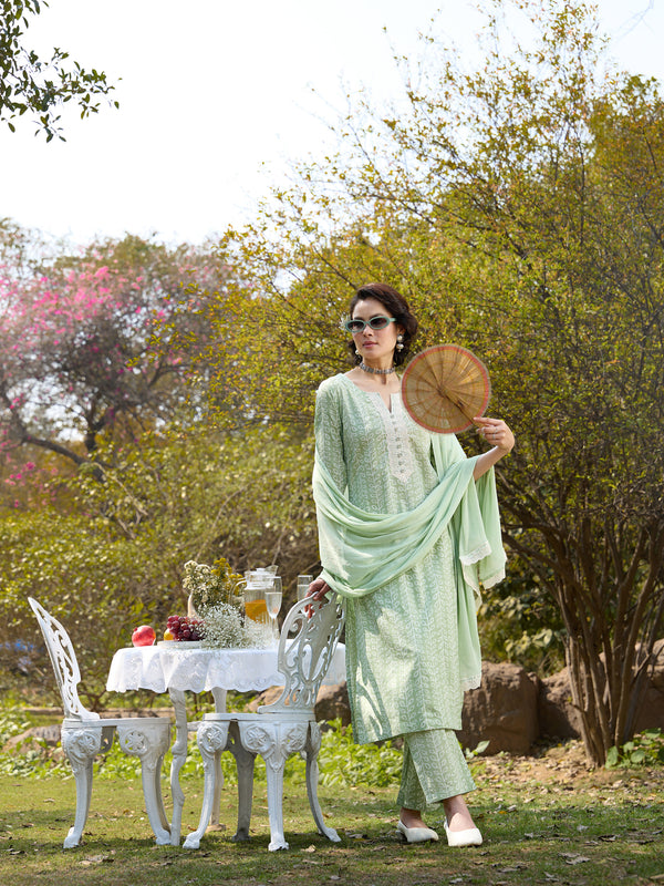 Khushal K Women Printed Regular Pure Cotton green Kurta & Palazzo With Dupatta