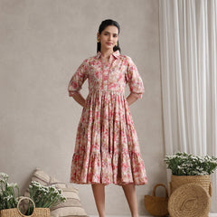 Women Floral Print Puff Sleeve A-Line Midi Dress