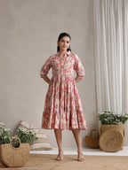 Women Floral Print Puff Sleeve A-Line Midi Dress