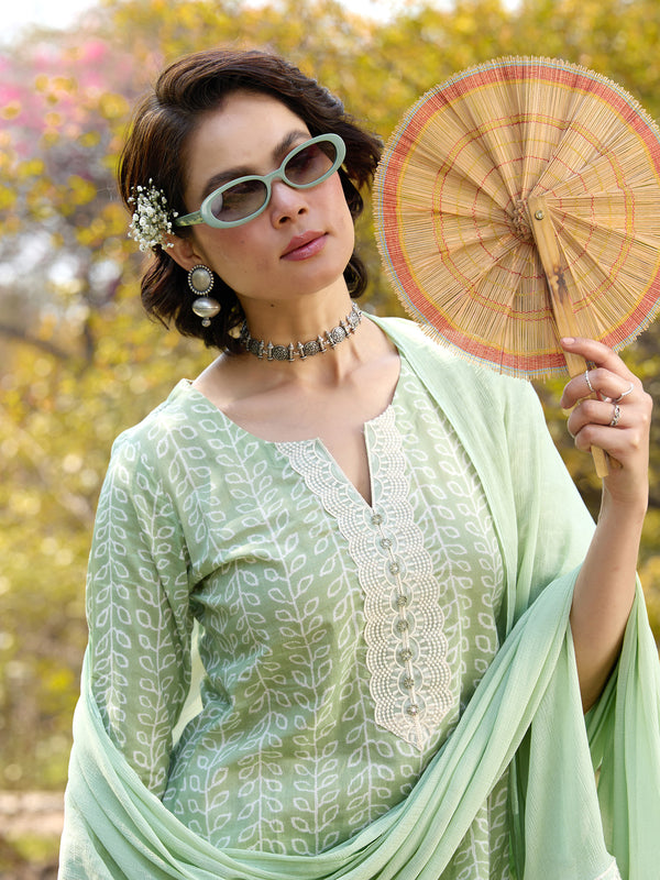 Khushal K Women Printed Regular Pure Cotton green Kurta & Palazzo With Dupatta