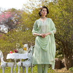 Khushal K Women Printed Regular Pure Cotton green Kurta & Palazzo With Dupatta