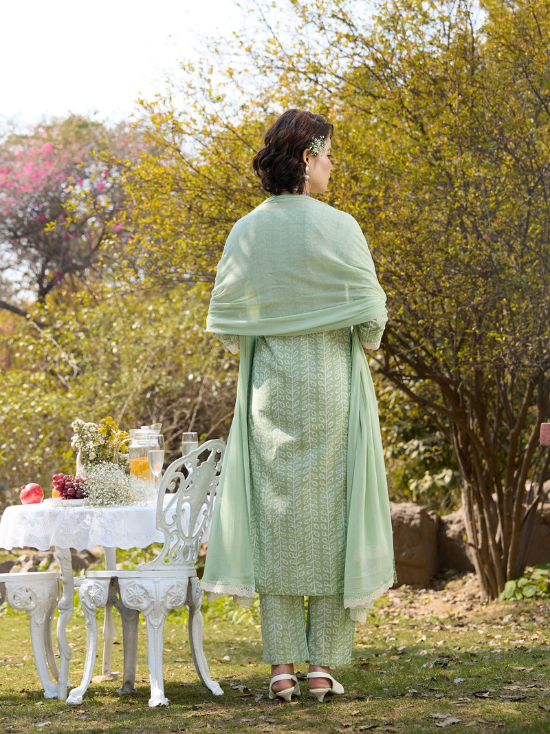 Khushal K Women Printed Regular Pure Cotton green Kurta & Palazzo With Dupatta