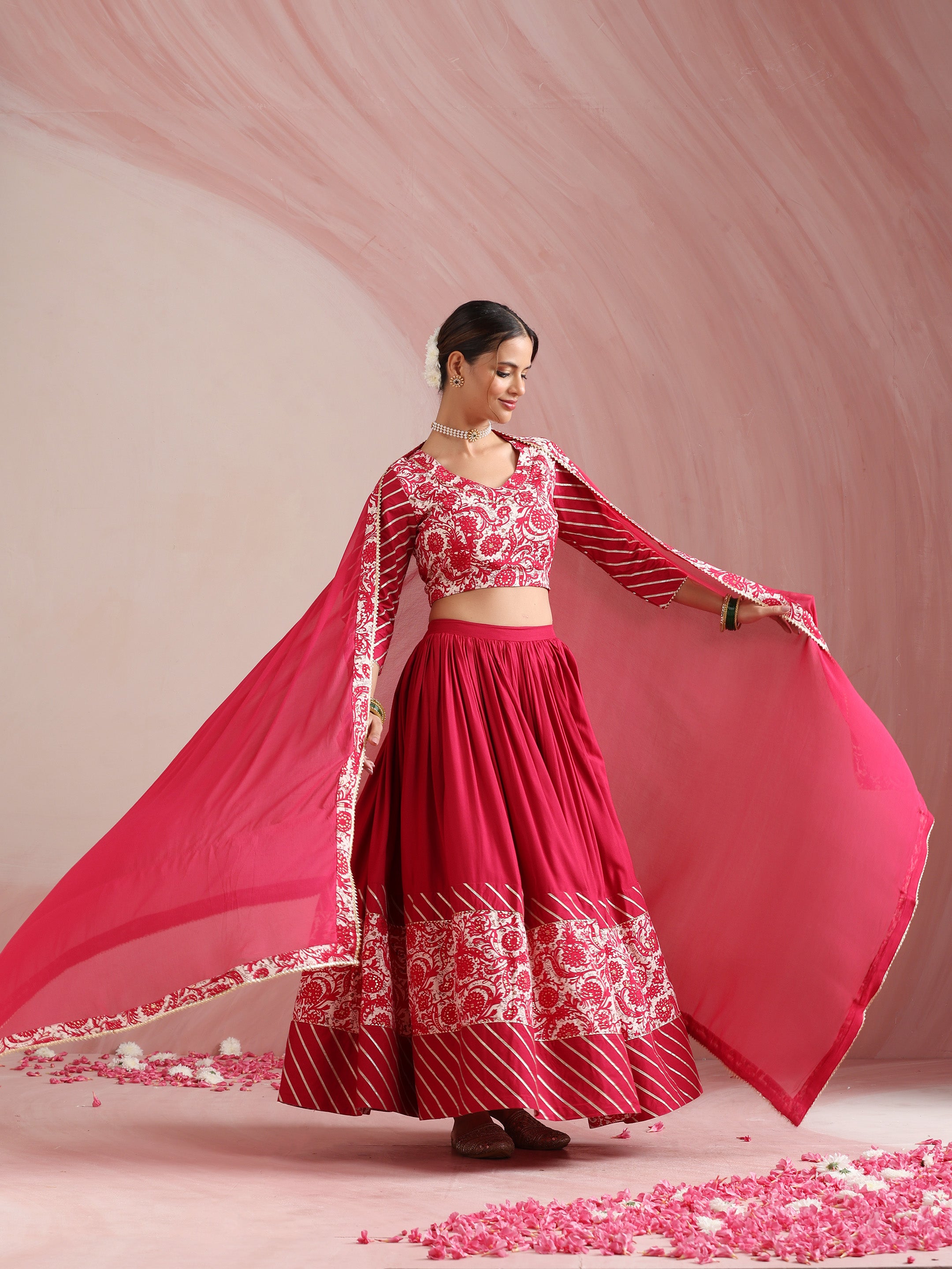 Pink Floral Printed Gotta Patti Ready to Wear Lehenga & Choli With Dupatta