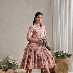 Women Floral Print Puff Sleeve A-Line Midi Dress