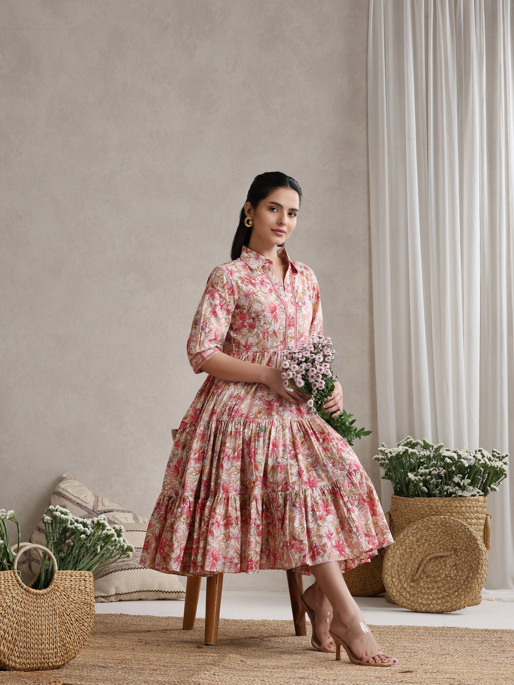 Women Floral Print Puff Sleeve A-Line Midi Dress