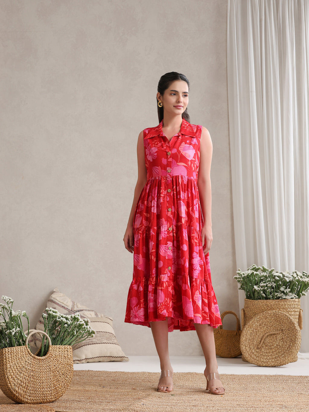 Women Floral Print A-Line Midi Dress