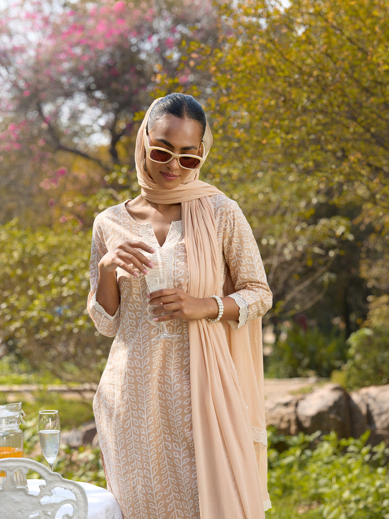 Khushal K Women Printed Regular Pure Cotton brown Kurta & Palazzo With Dupatta