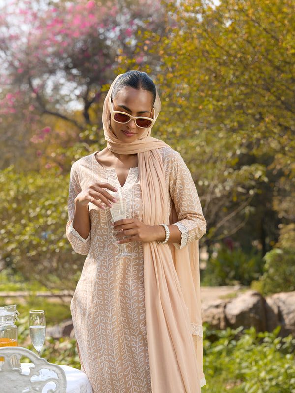 Khushal K Women Printed Regular Pure Cotton brown Kurta & Palazzo With Dupatta