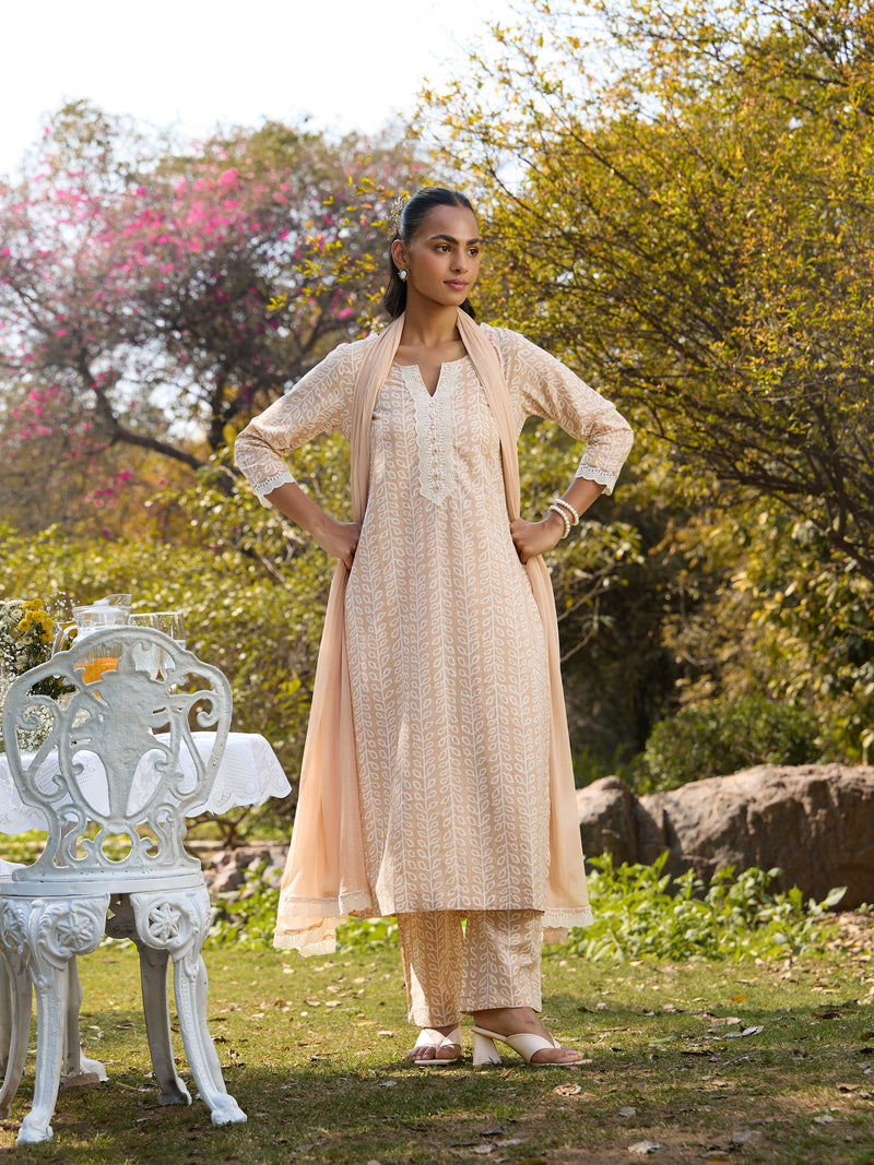 Khushal K Women Printed Regular Pure Cotton brown Kurta & Palazzo With Dupatta