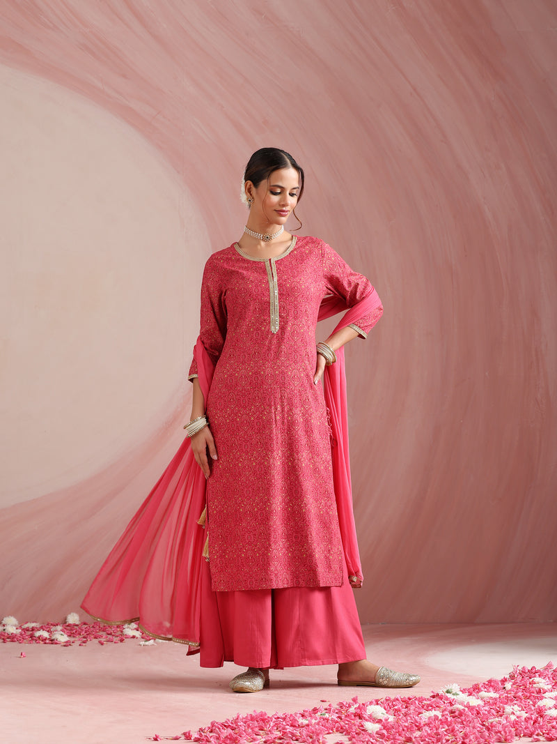 Pink Embroidered Kurta Set with Dupatta