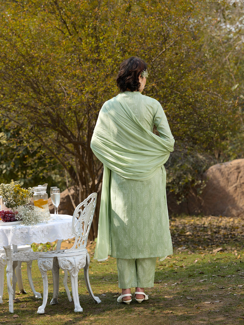 Khushal K Women Printed Regular Pure Cotton green Kurta & Palazzo With Dupatta