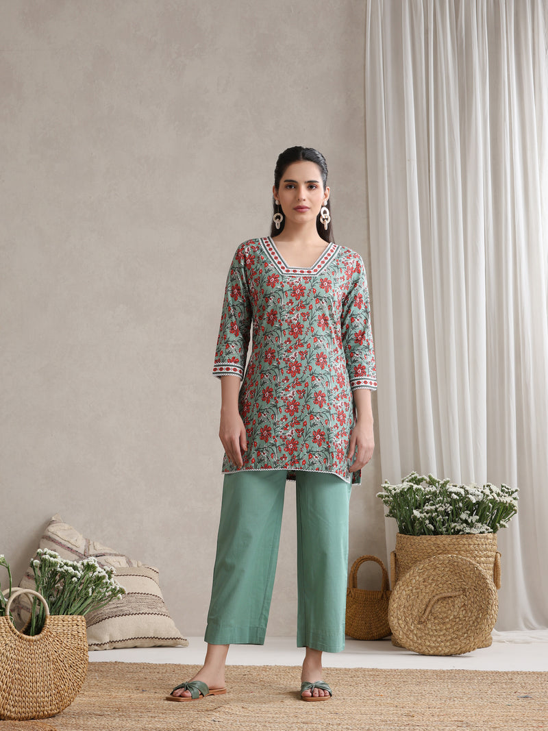 Floral Printed Cotton V-Neck Tunic With Trouser Co-Ords