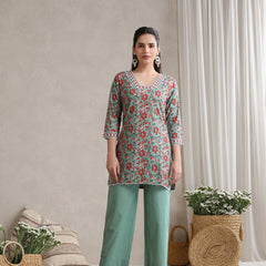 Floral Printed Cotton V-Neck Tunic With Trouser Co-Ords