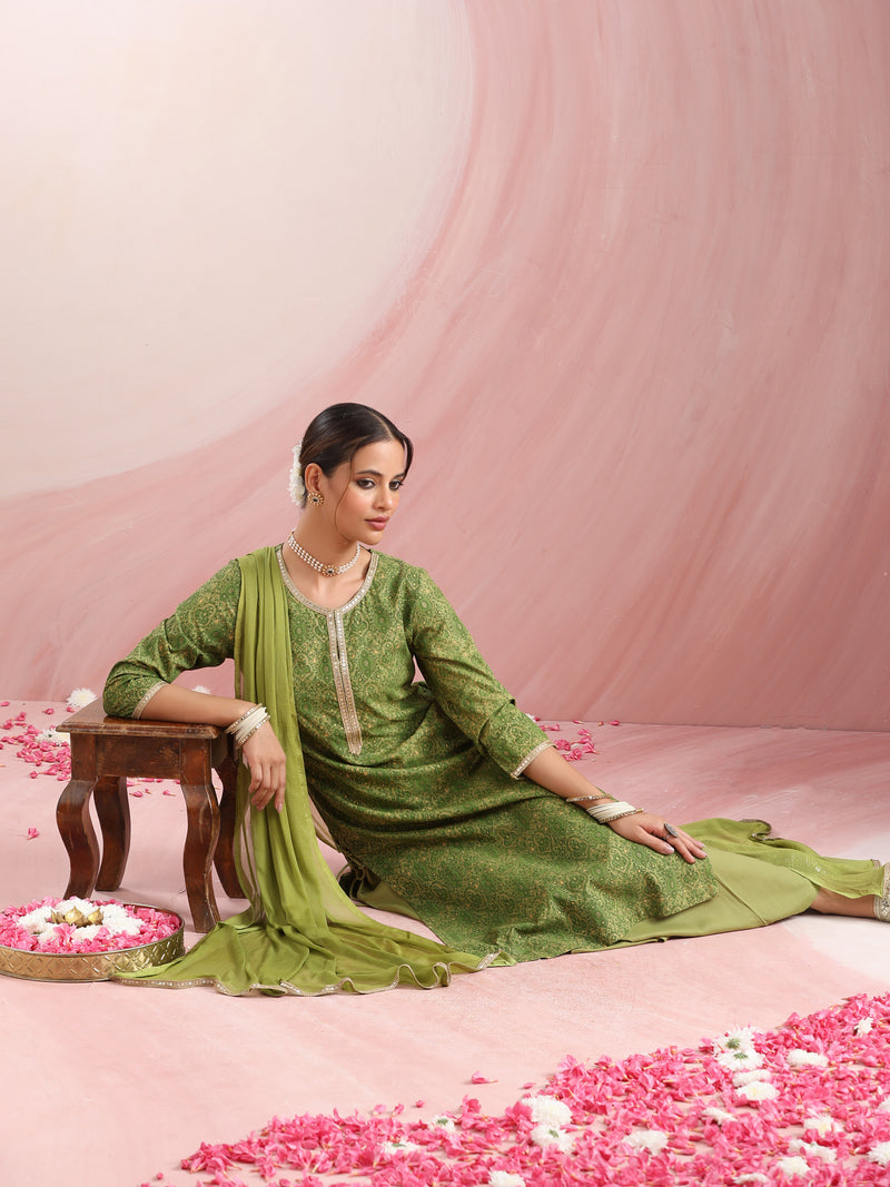 Ethnic Motifs Printed Round Neck Thread Work Kurta With Palazzos & Dupatta
