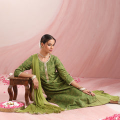 Ethnic Motifs Printed Round Neck Thread Work Kurta With Palazzos & Dupatta