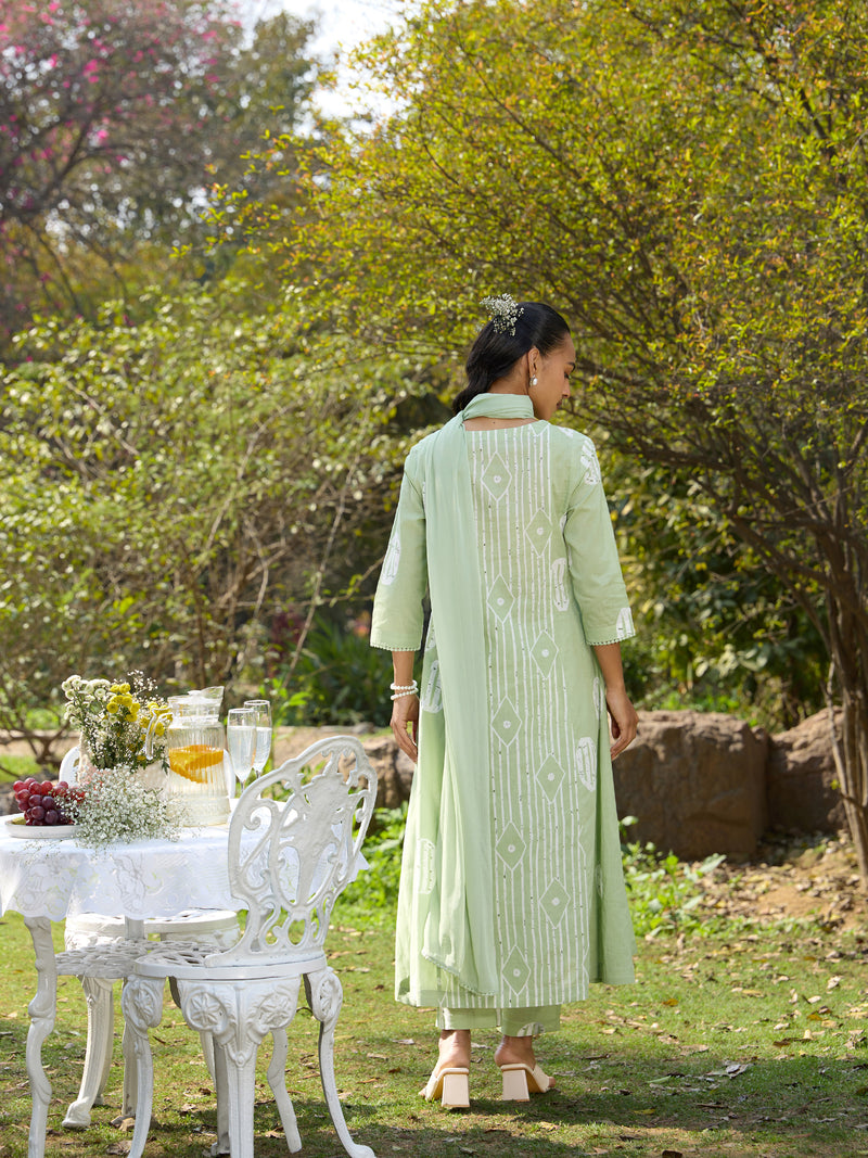 Khushal K Women Printed Regular Pure Cotton green Kurta & Palazzo With Dupatta