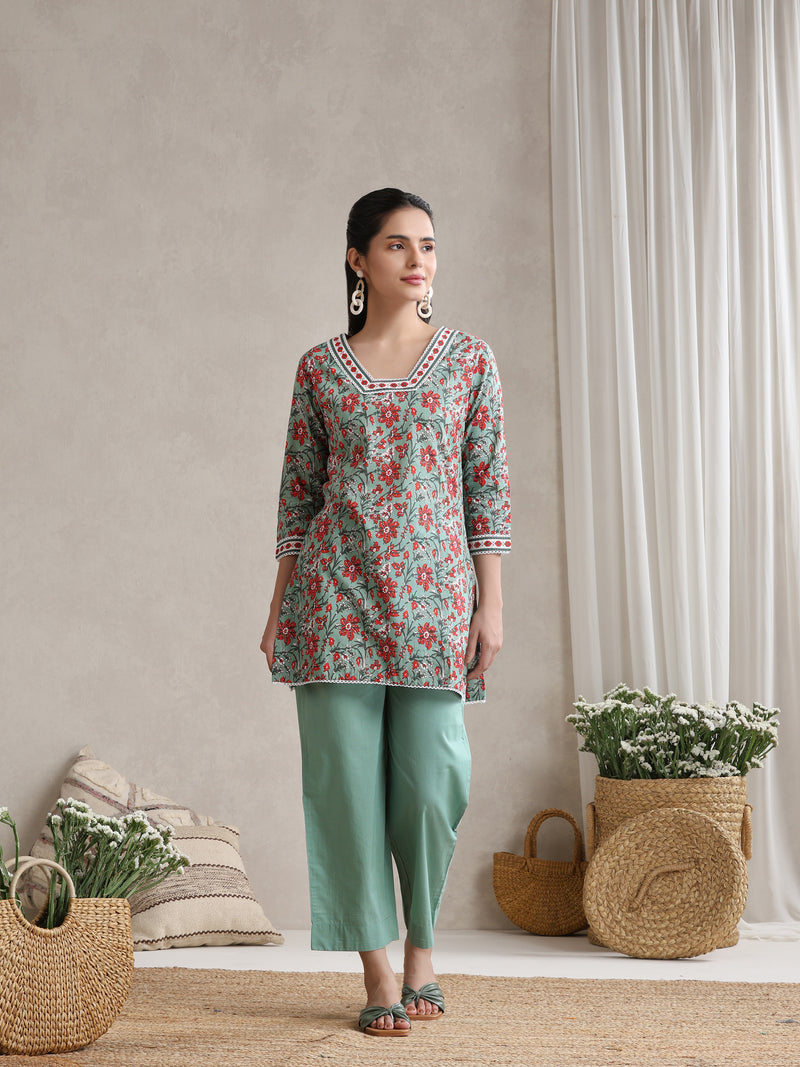 Floral Printed Cotton V-Neck Tunic With Trouser Co-Ords