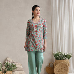 Floral Printed Cotton V-Neck Tunic With Trouser Co-Ords