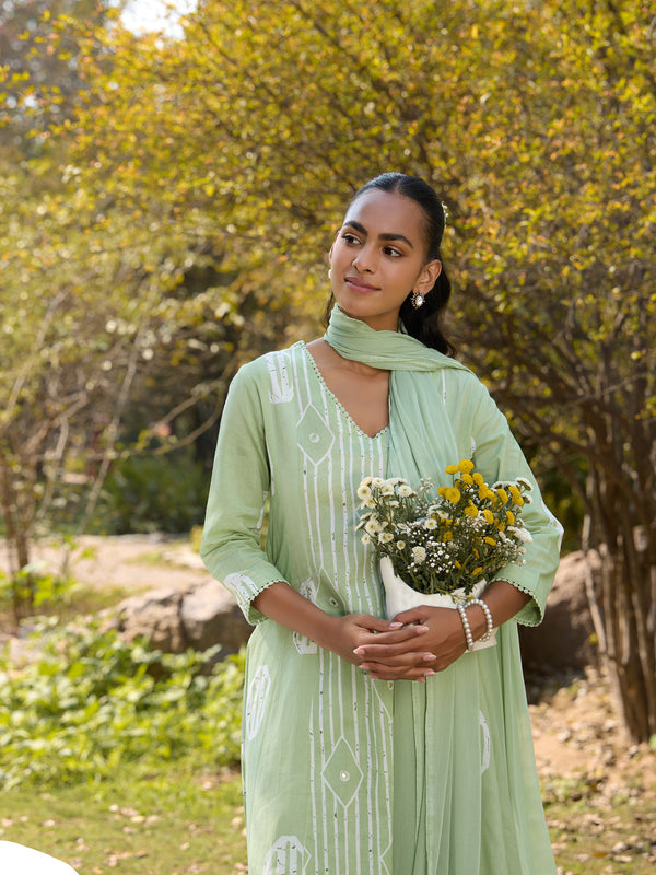 Khushal K Women Printed Regular Pure Cotton green Kurta & Palazzo With Dupatta